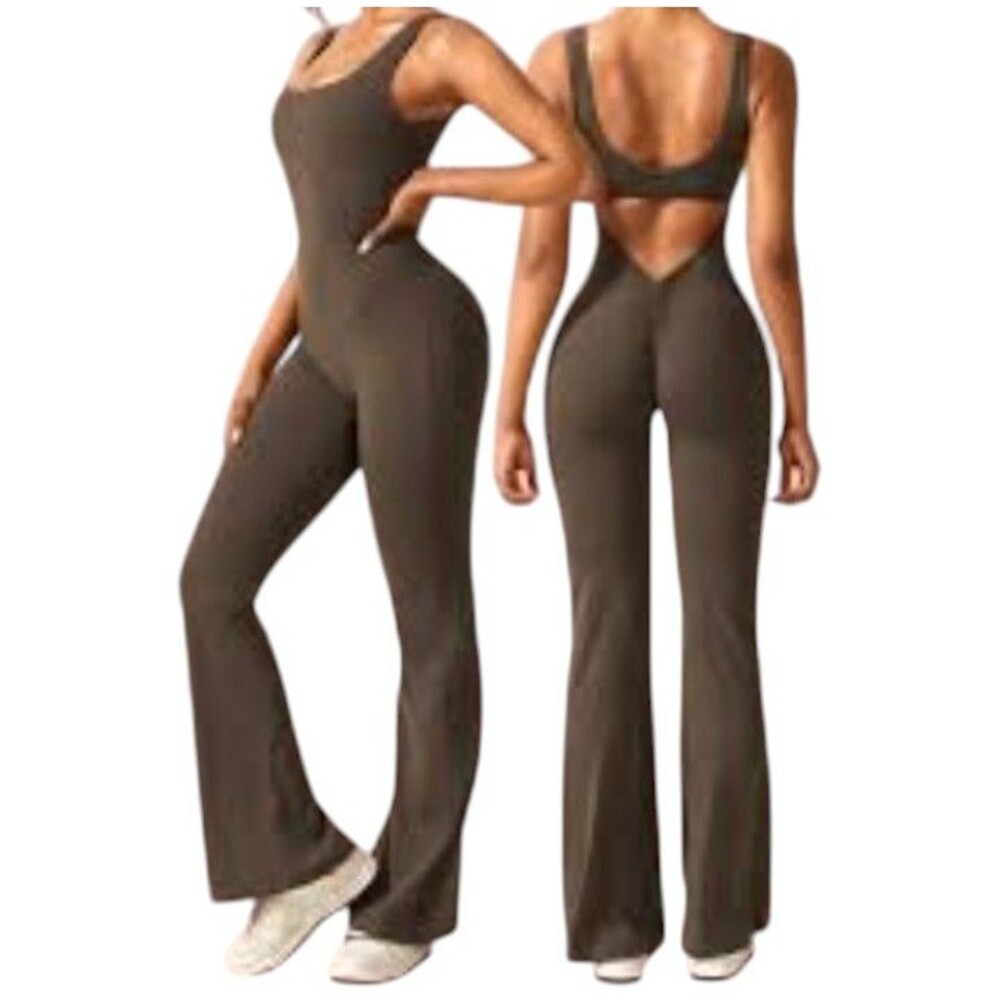 Evellyhootd Ariana One Piece Scrunch Butt Jumpsuit Large Mocha Brown Flare Leg